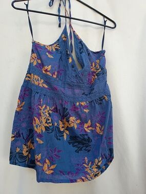H&M Blue Floral Halter Tank Top with Gold and Purple Accents